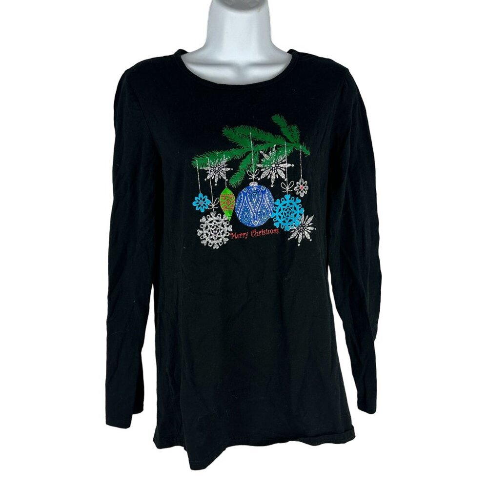 Christmas Long Sleeve Shirt M 8-10 Merry Christmas Ornaments Design Black